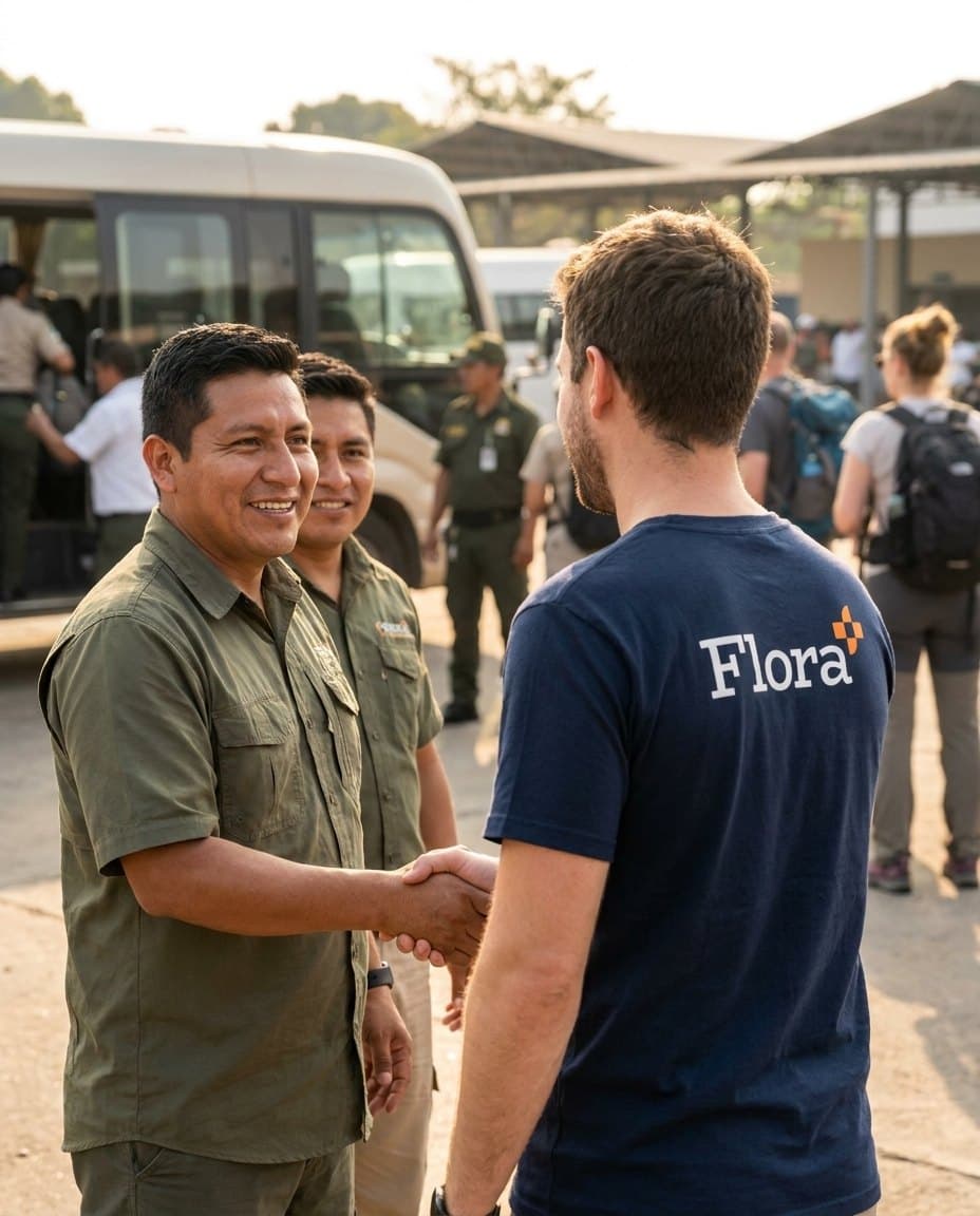 A Flora Plus representative, seen from behind in a Flora Plus–branded shirt, shakes hands with a Latin-American tour operator at an open-air operations yard in golden-hour light — a colleague alongside and a minibus, team and travelers behind — an in-person greeting between Flora Plus and the operator it serves.