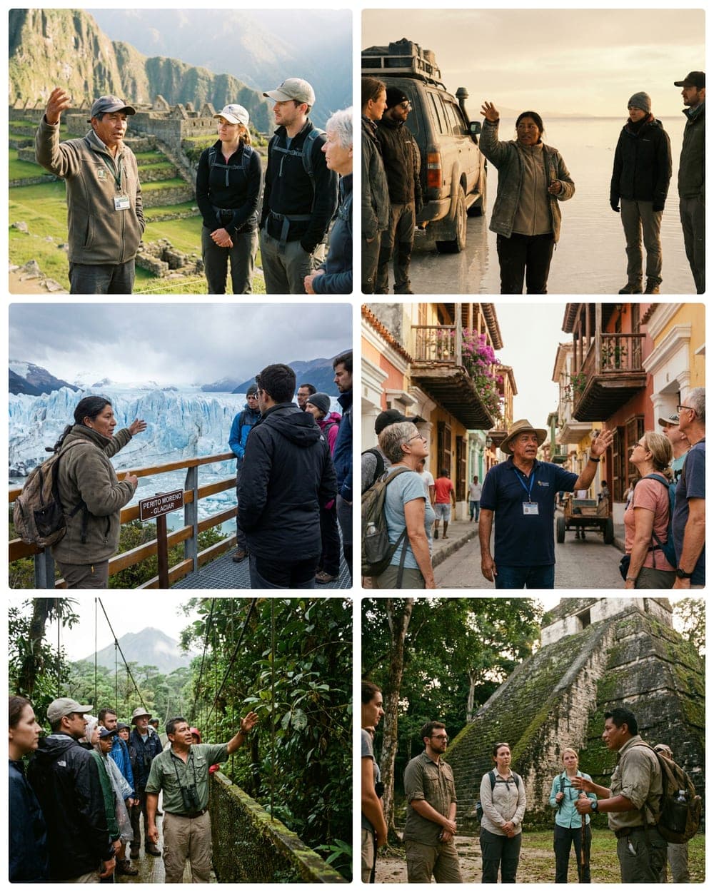 A six-tile mosaic of Latin-American tour guides leading travelers at iconic locations across Flora Plus's markets — Machu Picchu, the Uyuni salt flats, the Perito Moreno glacier, colonial Cartagena, Costa Rica's rainforest, and the Tikal temples — conveying Flora Plus's regional reach.
