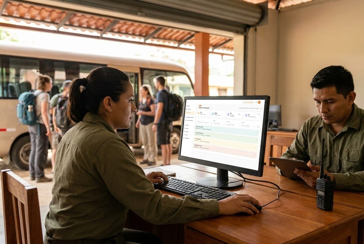 A tour operator's operations coordinator works the day's manifest on Flora Plus at a covered operations workstation — the schedule on screen, a colleague and a two-way radio alongside — as a minibus and backpacked travelers stage for departure behind her.