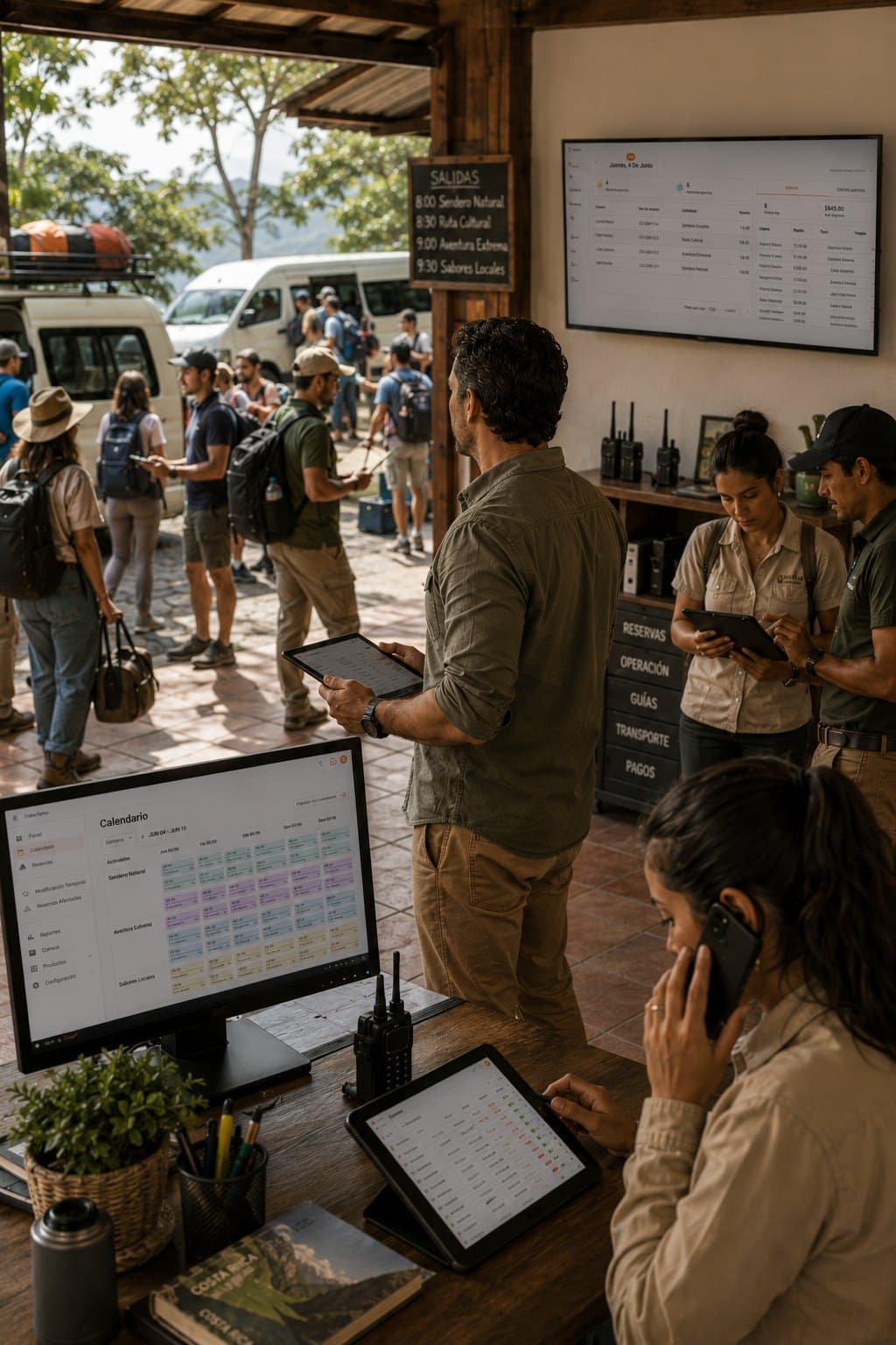 A tour operator coordinating a busy morning of departures with Flora Plus — guides, travelers and transport managed together from the operation's workspace.